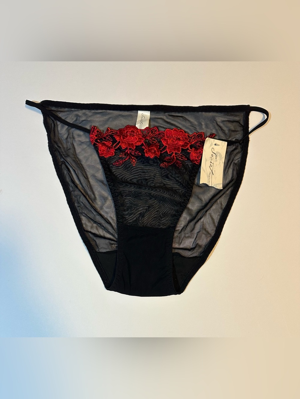Vtg 90s Secret Treasures Sheer Bikini Panty Black Mesh Embroidered Floral
